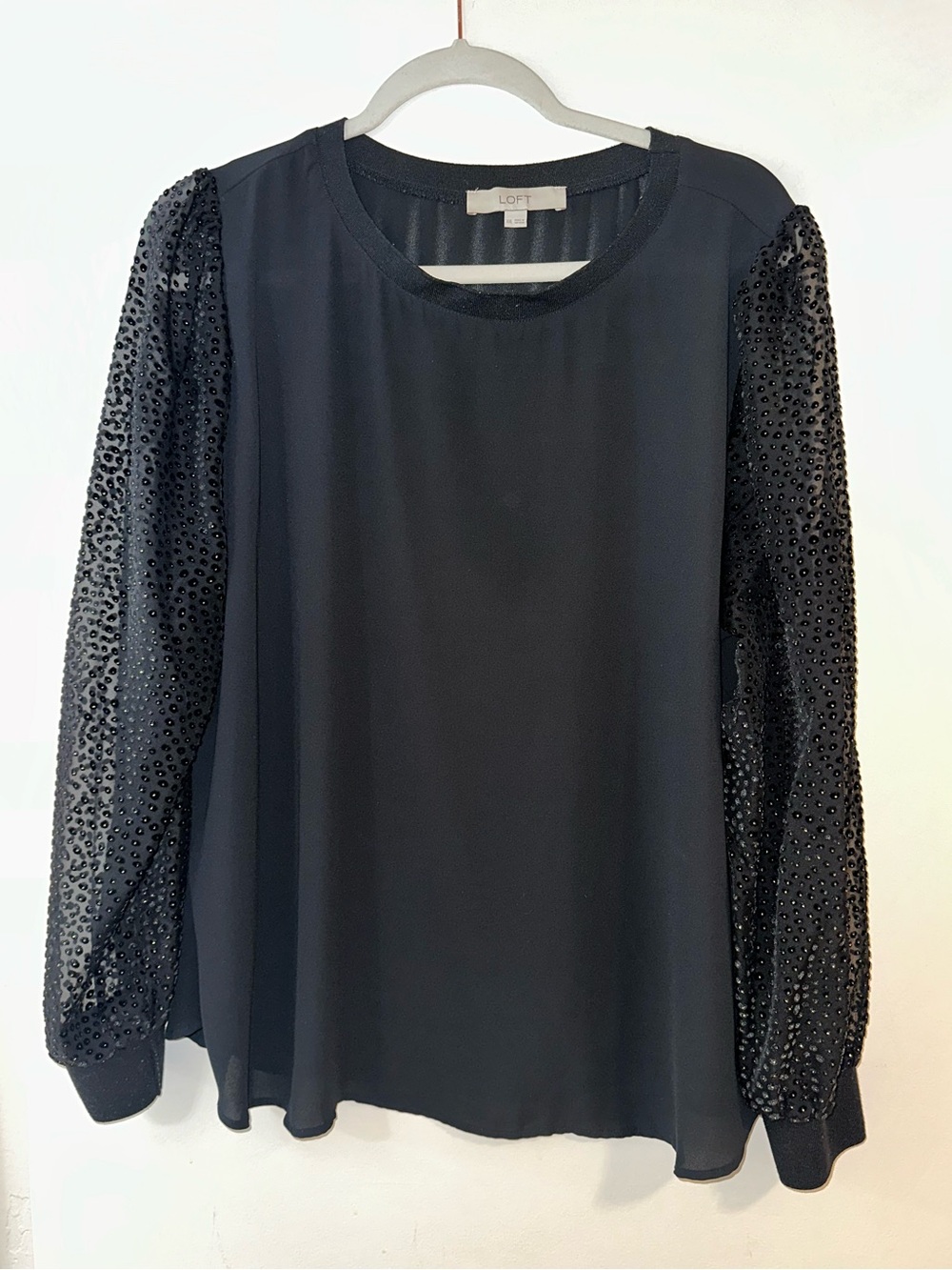 LOFT Black Blouse with Beaded Sheer Balloon Sleeves
